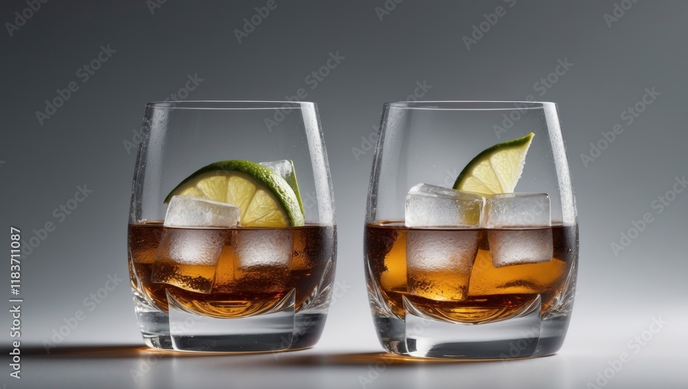 Two Glasses of Whiskey with Ice and Lime Two Glasses of Whiskey with Ice and Lime
