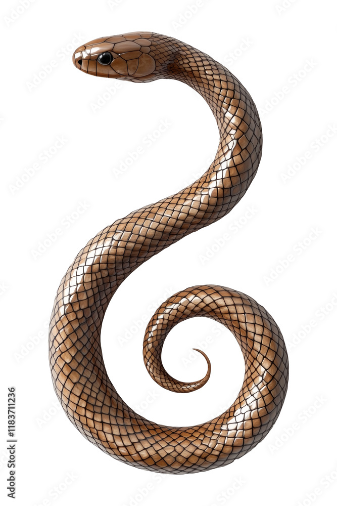 Obraz premium Glossy brown snake coiled in a spiral shape isolated on white transparent background, reptiles or wildlife, symbolizing Chinese Lunar New year