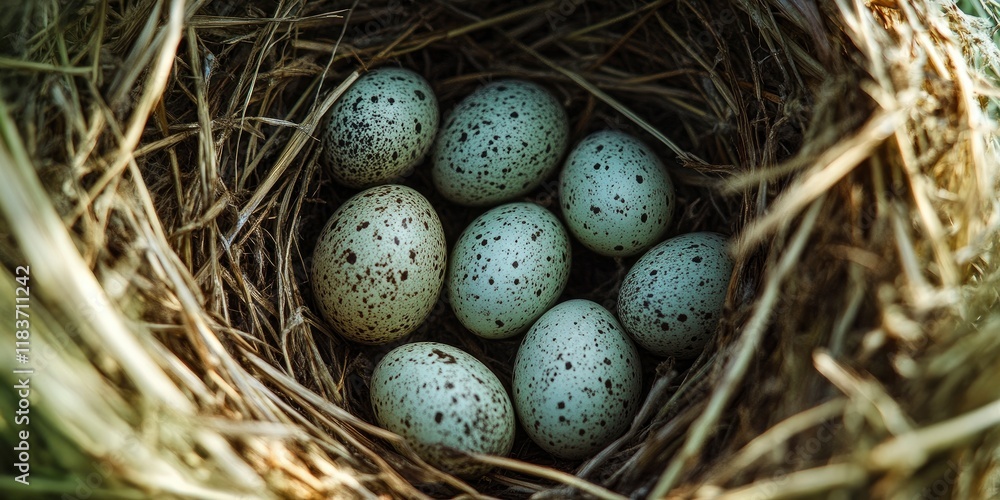 Eggs in the nest, close-up, straw background, natural lighting.