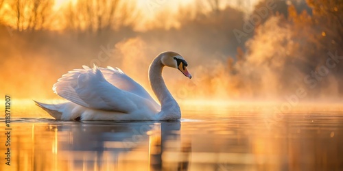 Fototapeta Naklejka Na Ścianę i Meble -  A swan floats serenely on a lake at sunrise