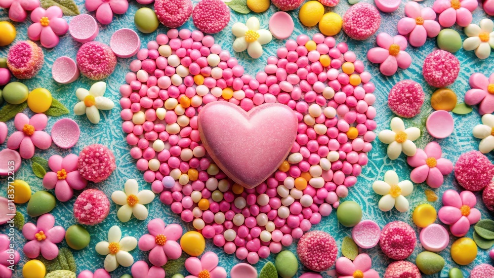 Obraz premium Pink heart-shaped candies in a colorful arrangement, with a floral pattern surrounding them