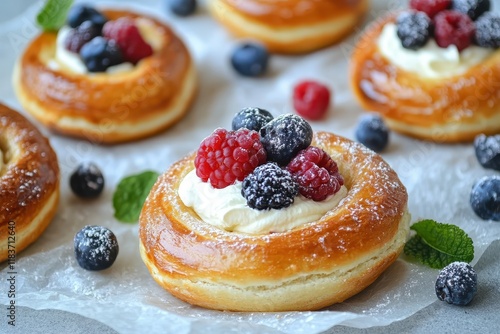 Freshly baked homemade bagels on parchment including cinnamon raisin sesame and plain accompanied by cream cheese and berries photo