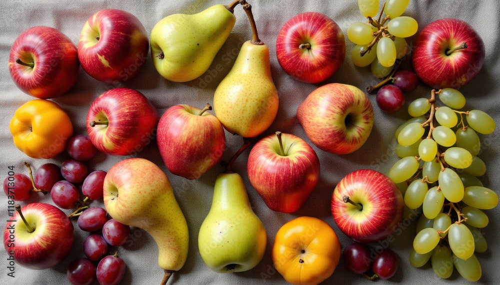 Variety of fresh fruits including apples, pears, and grapes arranged on a textured cloth Variety of fresh fruits including apples, pears, and grapes arranged on a textured cloth