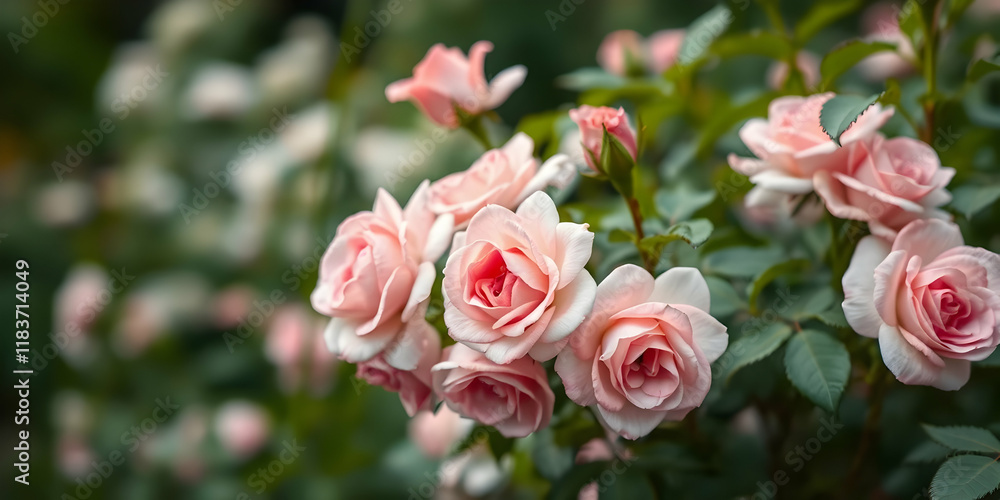 Pink roses, garden setting, soft focus background, lush green foliage, delicate petals, romantic atmosphere, natural lighting, blooming flowers, pastel colors, dreamy aesthetic, shallow depth of field Pink roses, garden setting, soft focus background, lush green foliage, delicate petals, romantic atmosphere, natural lighting, blooming flowers, pastel colors, dreamy aesthetic, shallow depth of field
