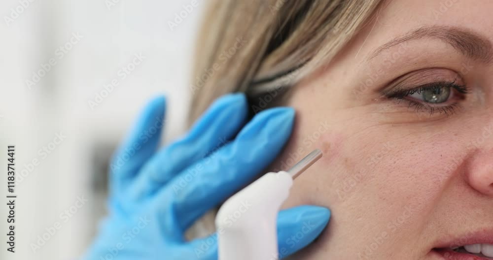 Dermatologist carefully uses laser technology for removing acne scar. Blonde woman patient enjoys painless skincare procedure in private clinic Dermatologist carefully uses laser technology for removing acne scar. Blonde woman patient enjoys painless skincare procedure in private clinic