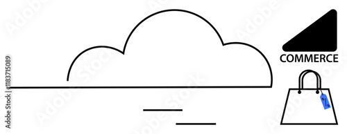 Cloud icon with horizontal lines indicating connectivity, triangle labeled Commerce, tagged shopping bag. Ideal for technology, e-commerce, data storage, digital marketing, online shopping, business