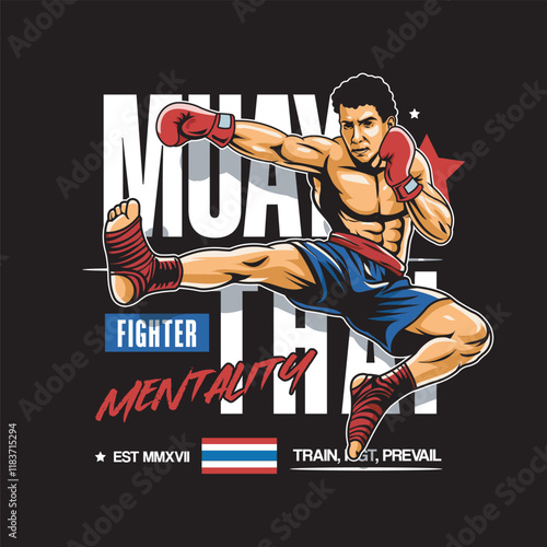 Vector Illustration of Muay Thai Fighter with Detailed Vector Illustration Available for Tshirt Design