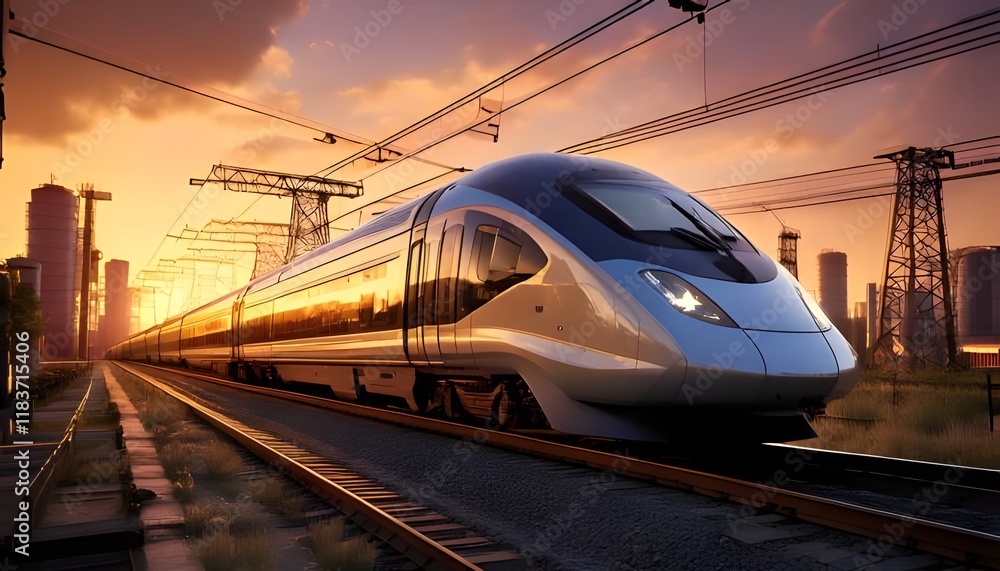 Fototapeta premium Modern train at sunset