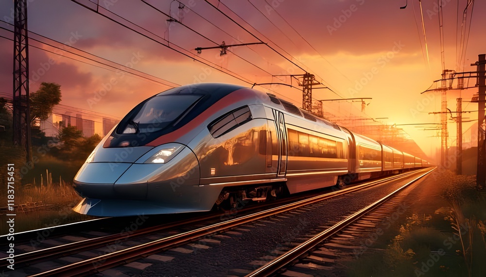Fototapeta premium Modern train at sunset