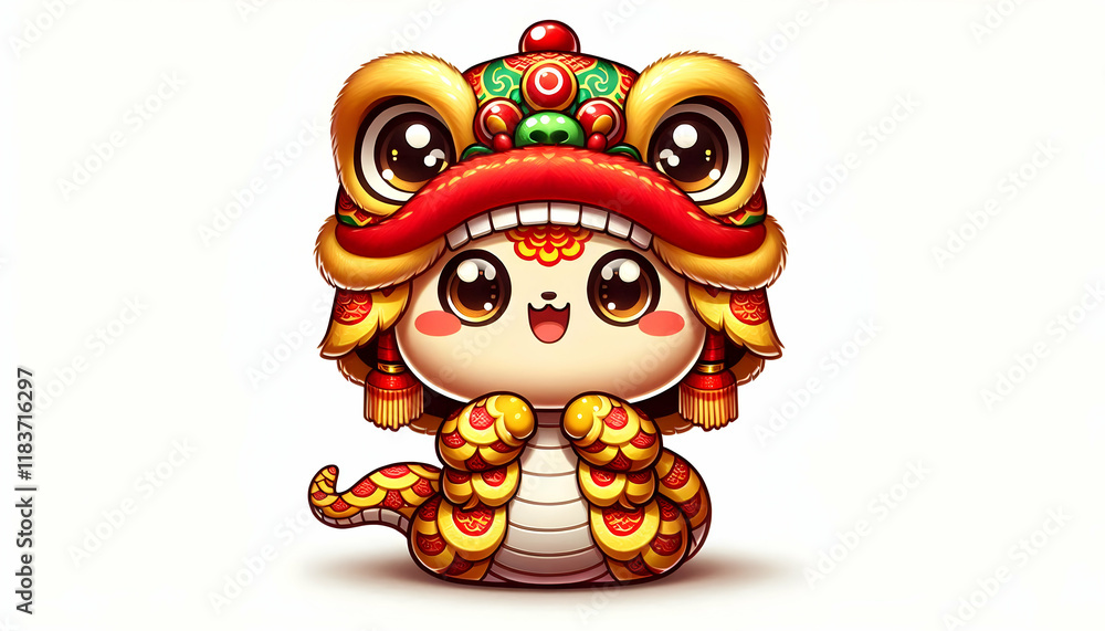 Chinese new year A cute, cartoon-style snake wearing a traditional Chinese lion dance costume The costume is vibrant 4 Chinese new year A cute, cartoon-style snake wearing a traditional Chinese lion dance costume The costume is vibrant 4