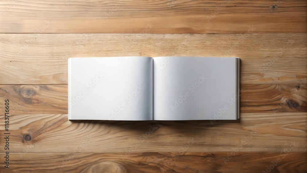 Minimalist landscape booklet mockup on a wooden table, graphics, outdoor, graphics, outdoor Minimalist landscape booklet mockup on a wooden table, graphics, outdoor, graphics, outdoor