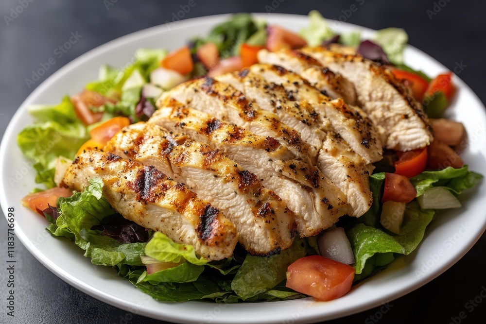 Grilled chicken breast accompanied by a garden salad Grilled chicken breast accompanied by a garden salad