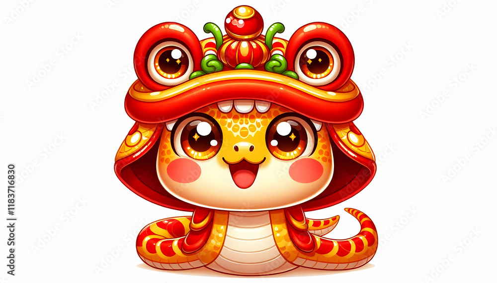 Chinese new year A cheerful cartoon snake wearing a bright Chinese lion dance costume in red, yellow, and gold The sn4 Chinese new year A cheerful cartoon snake wearing a bright Chinese lion dance costume in red, yellow, and gold The sn4