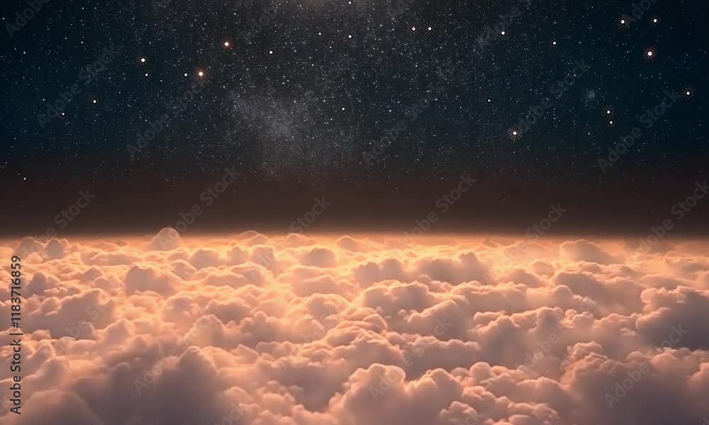 A slow, upward tilt begins from the dense layer of clouds, gradually revealing the vast expanse of the starry sky above. The camera moves smoothly, capturing the transition from the soft, ai generated