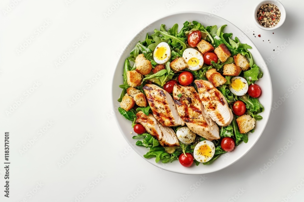 Grilled chicken Caesar salad topped with croutons quail eggs and cherry tomatoes White background viewed from above Grilled chicken Caesar salad topped with croutons quail eggs and cherry tomatoes White background viewed from above