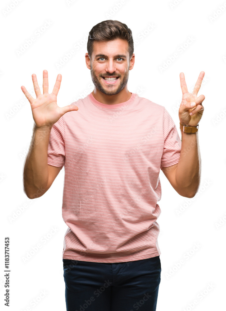 Naklejka premium Young handsome man over isolated background showing and pointing up with fingers number seven while smiling confident and happy.
