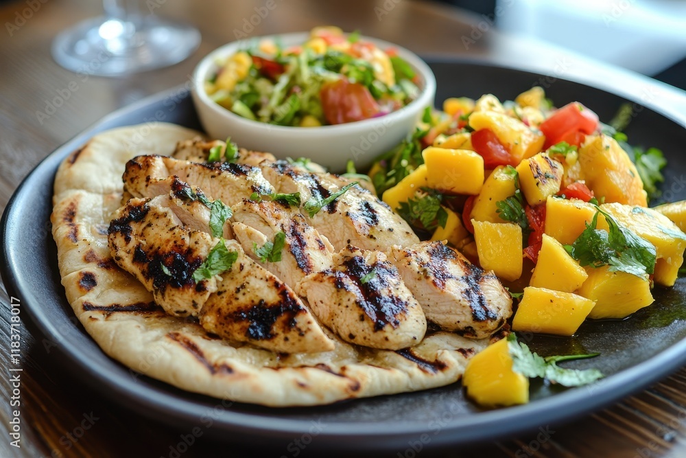 Grilled chicken with mango salad and naan Grilled chicken with mango salad and naan
