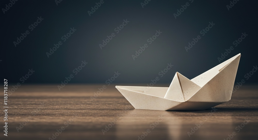 Obraz premium Handmade Origami Paper Boat on Wooden Surface - Craftsmanship and Creativity. illustrate themes of craftsmanship, creativity, traditional Japanese art, and the delicate beauty of handmade objects.