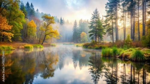 forest pond in misty morning, natural beauty, foggy day,  natural beauty