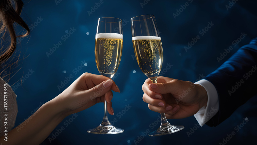 Hands of a man and a woman toasting with champagne. Dark blue background. Ideal for Valentines day, New Years, wedding, birthday, party celebrations.