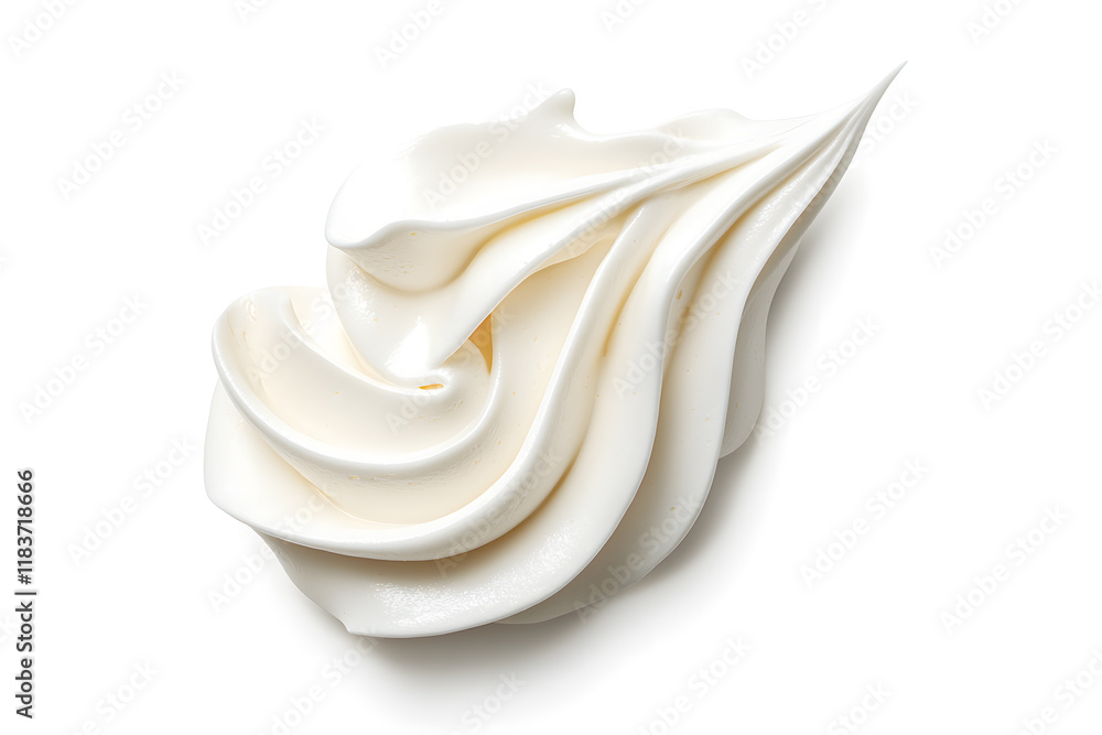 Whipped cream or meringue on white background. Meringue swirls, realistic bakery mousse Whipped cream or meringue on white background. Meringue swirls, realistic bakery mousse