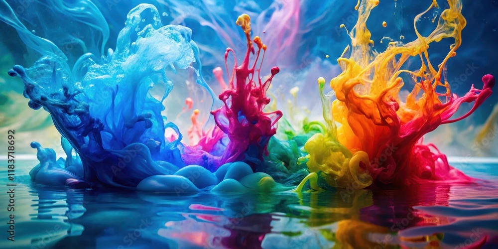 Vibrant colorful ink splashes into a calm blue pool of water, creating a mesmerizing patterns and swirling shapes, in water Vibrant colorful ink splashes into a calm blue pool of water, creating a mesmerizing patterns and swirling shapes, in water