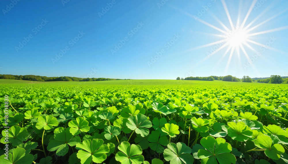 Vast field of three-leaf clovers under sunny blue sky, nature's beauty Vast field of three-leaf clovers under sunny blue sky, nature's beauty