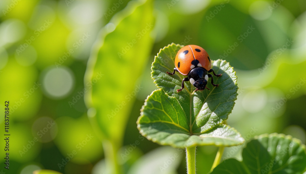 Vibrant ladybug crawling on clover leaves in sunlight, nature's beauty Vibrant ladybug crawling on clover leaves in sunlight, nature's beauty