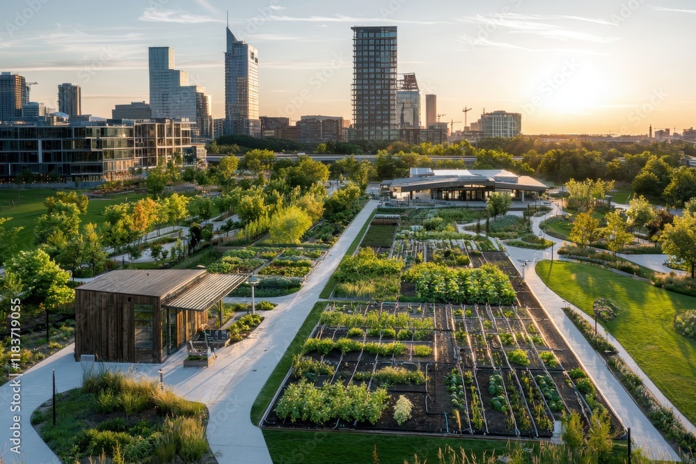 Obraz premium Urban farming design city park visual landscape green environment aerial view sustainable agriculture concept
