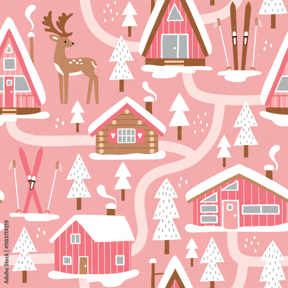 Hand drawn seamless vector pattern with winter lodge, deer, ski equipment and pine trees. Snowy woodland landscape with cute deer and ski cabin. EPS 10 vector file. Perfect for textile or wallpaper. Hand drawn seamless vector pattern with winter lodge, deer, ski equipment and pine trees. Snowy woodland landscape with cute deer and ski cabin. EPS 10 vector file. Perfect for textile or wallpaper.
