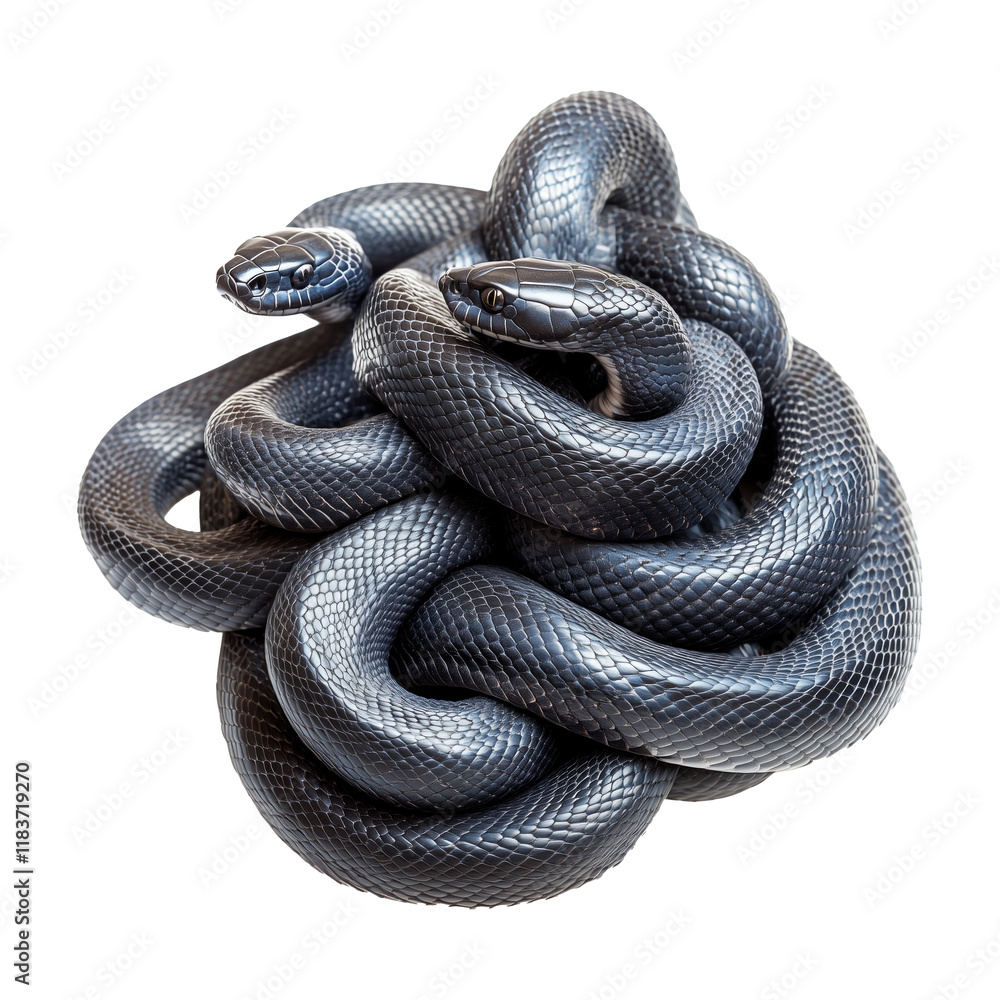 Obraz premium Coiled black snakes tightly intertwined, displaying glossy scales isolated on white transparent background, reptiles or wildlife, symbolizing Chinese Lunar New year