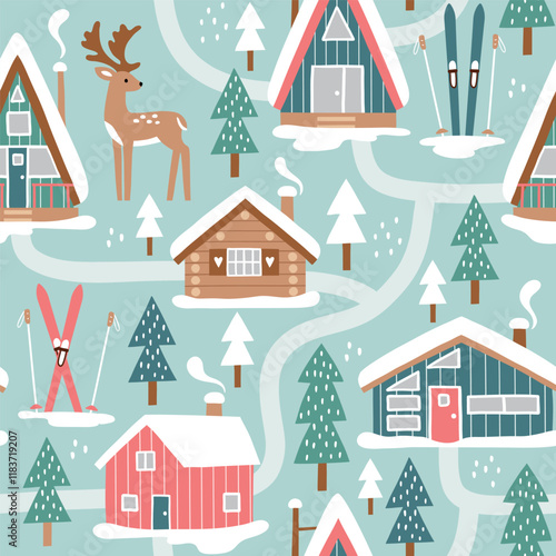 Hand drawn seamless vector pattern with winter lodge, deer, ski equipment and pine trees. Snowy woodland landscape with cute deer and ski cabin. EPS 10 vector file. Perfect for textile or wallpaper.