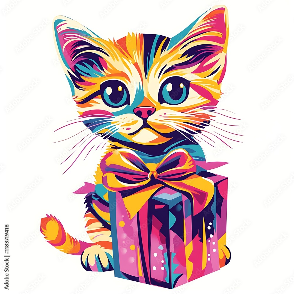 Fototapeta Cute cartoon cat with gift