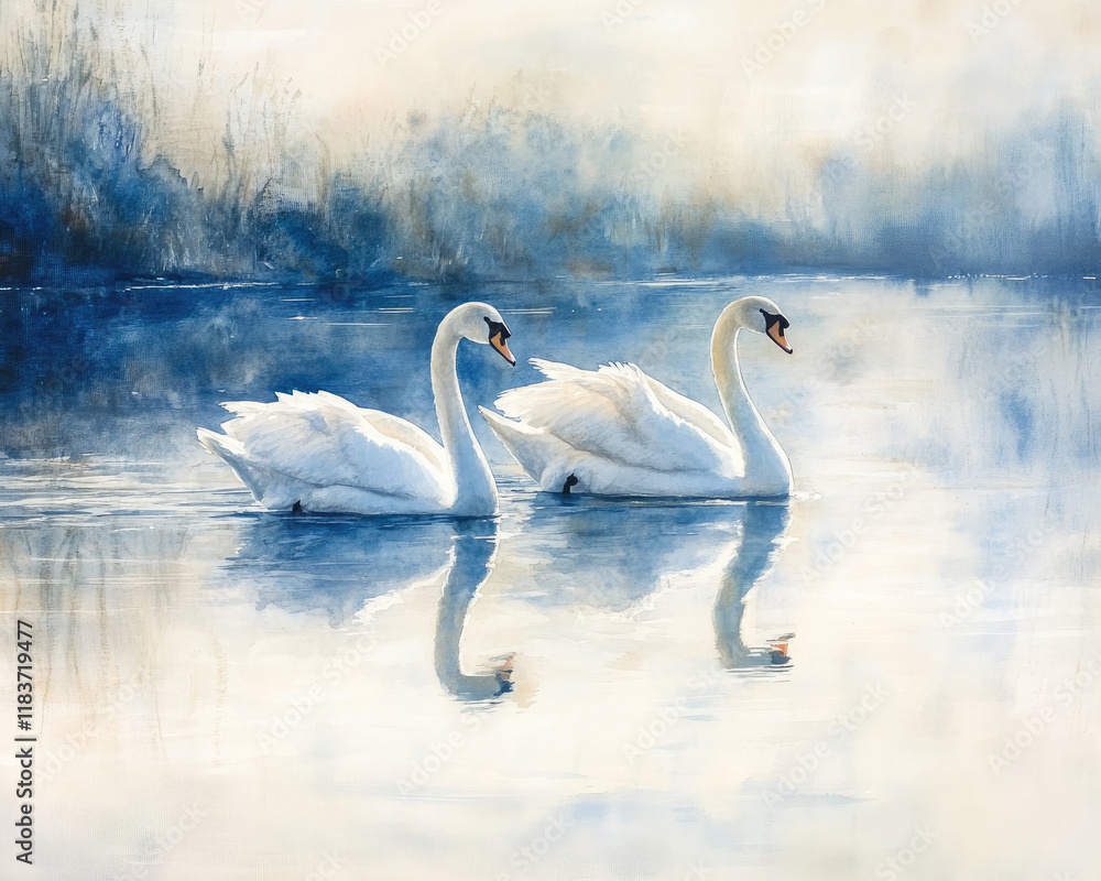 Obraz premium Soft Watercolor of Delicate White Swans Gliding Across a Serene Lake