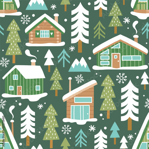 Hand drawn seamless vector pattern with winter lodge, ski equipment and pine trees. Snowy woodland landscape with cute ski cabin. EPS 10 vector file. Perfect for textile or wallpaper design.