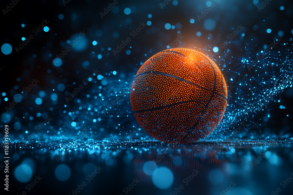 Glowing wireframe of an orange basketball with black grooves on a transparent background, highlighted by a combination of blue and black data points, symbolizing sports and technology.
Glowing wireframe of an orange basketball with black grooves on a transparent background, highlighted by a combination of blue and black data points, symbolizing sports and technology.