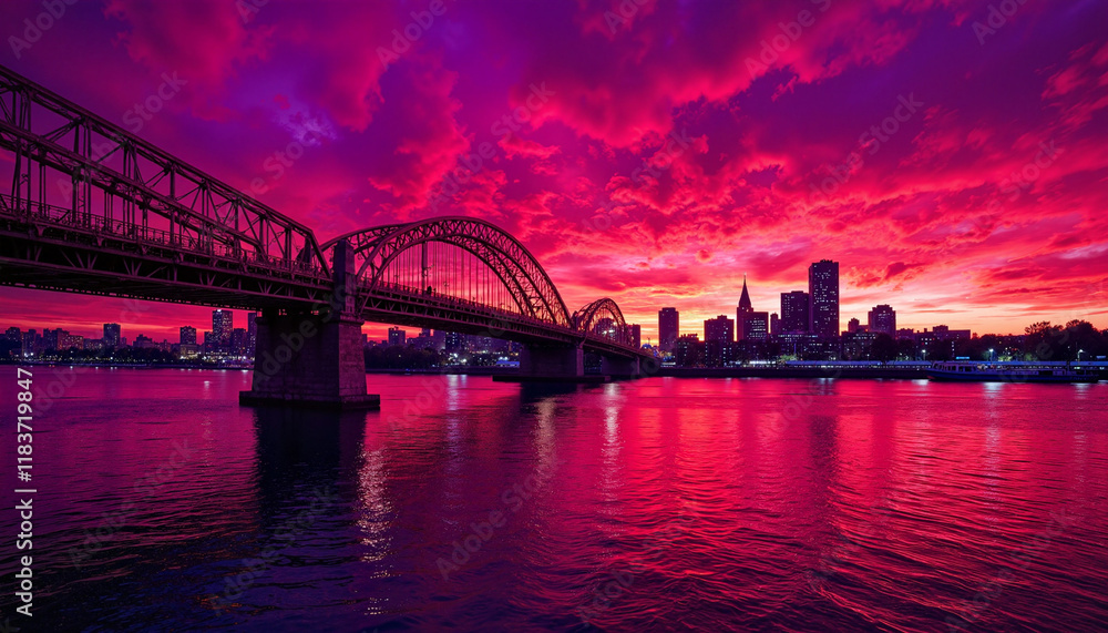 Fototapeta premium Stunning infrared urban sunset over bridge and river, vibrant reflection