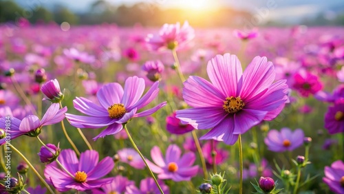 Sea of purple cosmos flowers in a sunny meadow on a warm summer day