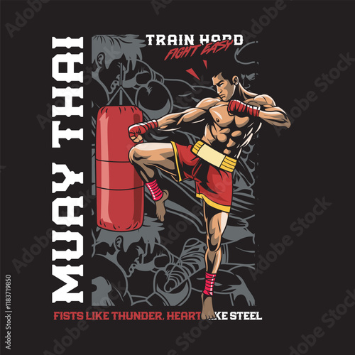 Vector Illustration of Muay Thai Fighter with Punching Bag in Detailed Vector Illustration Available for Tshirt Design