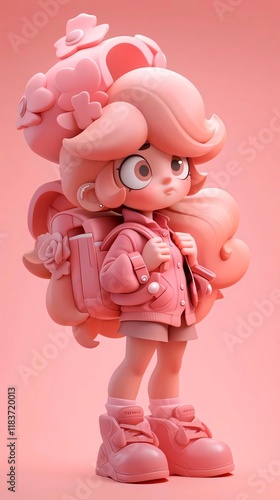 Pink girl 3D model backpack studio background. photo