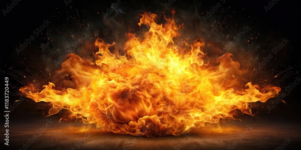 Fototapeta premium Fiery explosion on a dark canvas, dynamic motion, flames, dynamic motion, flames, pyrotechnics