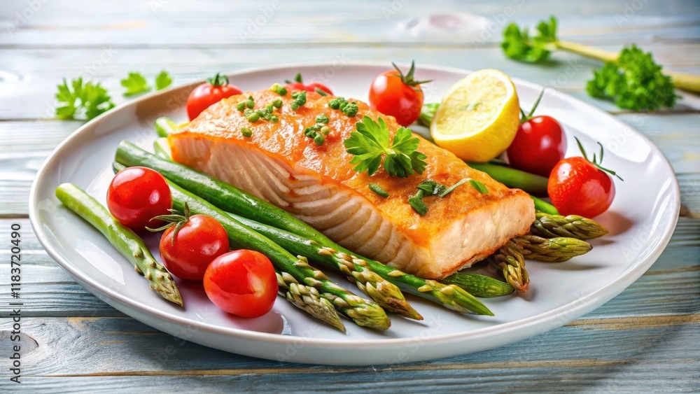 Baked salmon with asparagus and tomatoes on a plate, baked, fresh, baked, fresh, meal, cherry tomatoes, asparagus, vibrant Baked salmon with asparagus and tomatoes on a plate, baked, fresh, baked, fresh, meal, cherry tomatoes, asparagus, vibrant
