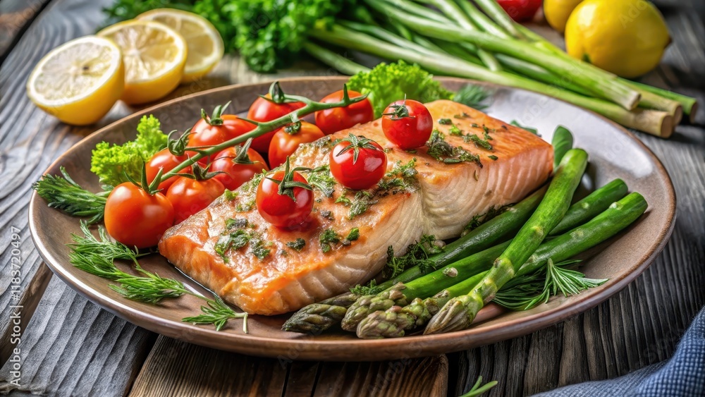 Fresh baked salmon fillet on a plate garnished with steamed asparagus spears and cherry tomatoes, topped with chopped fresh herbs like parsley and dill , asparagus, meal Fresh baked salmon fillet on a plate garnished with steamed asparagus spears and cherry tomatoes, topped with chopped fresh herbs like parsley and dill , asparagus, meal