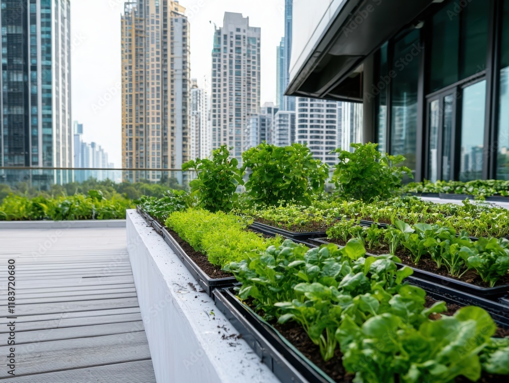 Fototapeta premium Urban farming initiative showcasing sustainable agriculture practices on rooftop gardens in skyscraper cityscape modern eco-friendly environment aerial view green living concept