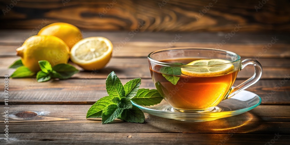 Freshly brewed cup of tea with lemon and mint garnished on a wooden table, table, mints Freshly brewed cup of tea with lemon and mint garnished on a wooden table, table, mints