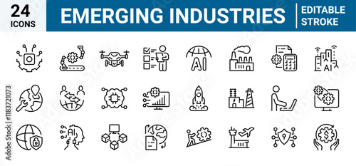 Emerging industry web line icon set. start up, technology, disruption, ai, blockchain, fintech, iot, robotic, automation and renewable energy.