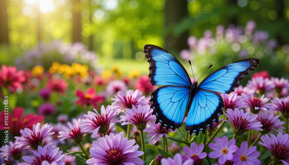 Vibrant blue butterfly resting on colorful flowers in spring garden, nature's beauty Vibrant blue butterfly resting on colorful flowers in spring garden, nature's beauty