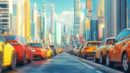 View on busy street in megapolis with cars waiting in queue traffic jam, automobile vehicle standing in congestion while driving to downtown in modern city with skyscrapers on background, fuel problem