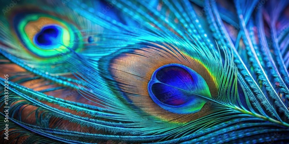 Fototapeta premium Close-up of a vibrant blue peacock feather with intricate patterns and iridescent sheen