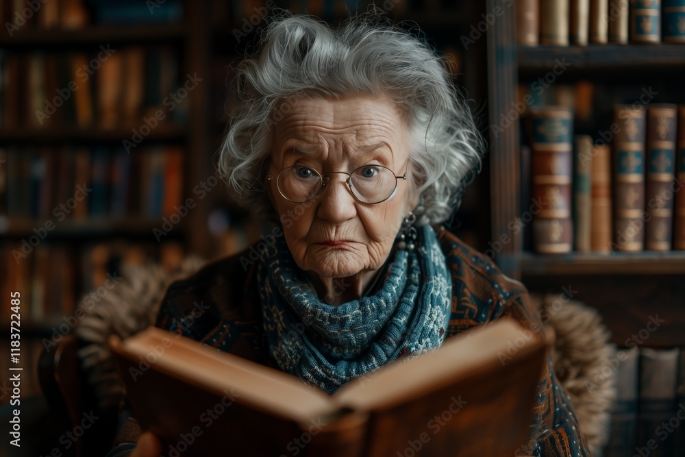 An elderly woman with gray hair and glasses reading a book in a cozy library surrounded by shelves of books. An elderly woman with gray hair and glasses reading a book in a cozy library surrounded by shelves of books.